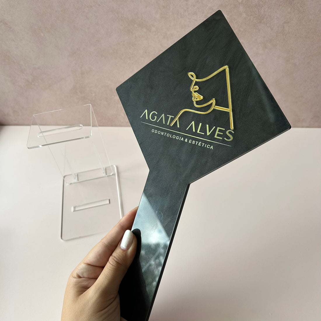 Espelho de mão personalizado em acrílico quadrado duplo + suporte